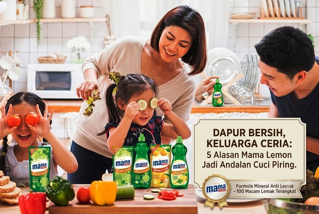 Ilustrasi Momen memasak keluarga yang higienis dengan perlindungan Mama Lemon, sabun cuci piring anti lemak yang efektif mengangkat 100 macam lemak, menciptakan dapur bersih dan keluarga bahagia I Gambar diolah via Gemini
